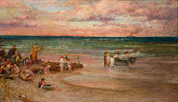 Пляжная сцена у моря на Брайт, Нью-Джерси. Масло, холст