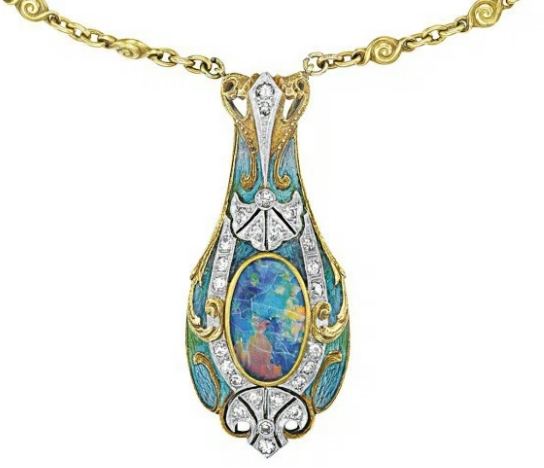 Ожерелье, около 1900 г., золото, платина, опал, эмаль, бриллианты