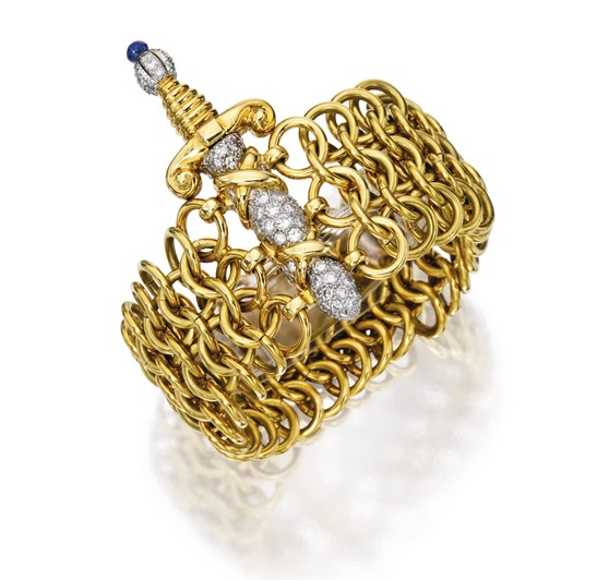 Браслет из золота двух цветов с алмазами и сапфиром