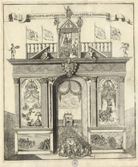 П. Пикарт. «Врата триумфальные при дворе его светлости князя Меншикова». Офорт, резец. 1710 г.