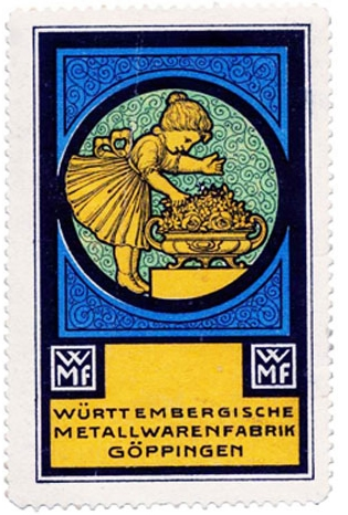 Четыре марки из серии, выпущенной 1905–1915 года по рекламным плакатам WMF, оформленным в стиле арт-нуво