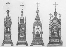 Дарохранительницы, начало XX в. Серебро, позолота, художественная чеканка, гильоширование, резьба, эмаль. Изображение приведено из прейскуранта товарищества за 1905 г