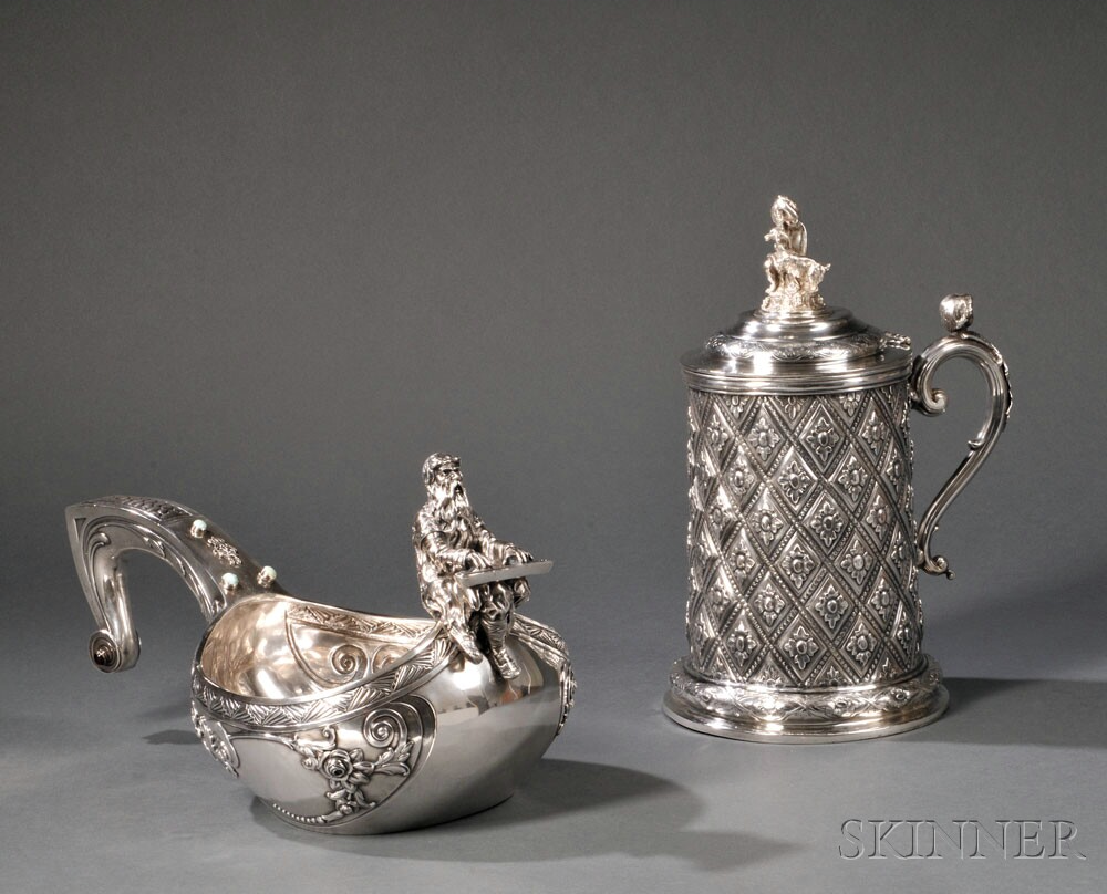 Ковш и кружка с крышкой. Серебро, золочение, чернь, литье, штамповка, теснение, резьба, чеканка