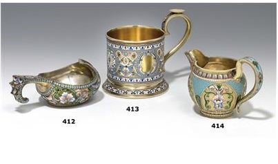 Ковш, подстаканник, молочник. Серебро, золочение, перегородчатая и художественная эмаль