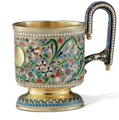 Серебряный с золочением подстаканник в русском стиле, девяностые годы XIX в. Перегородчатая эмаль