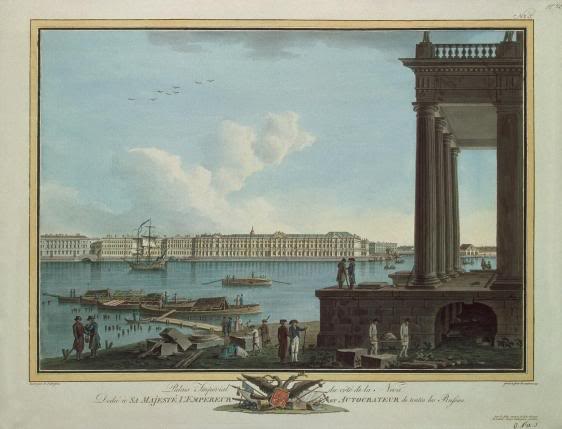Б. Патерсен. «Дворцовая набережная у Зимнего дворца и Эрмитажа с Васильевского острова». Гравюра очерком, акварель. 1799 г.
