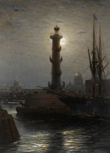 А.П. Боголюбов. «Ростральная колонка вблизи фондовой биржи, Санкт-Петербург». 1878 г.