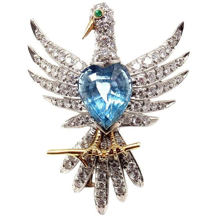 Брошь «Феникс» из платины, золота, аквамарина, бриллиантов, изумрудов