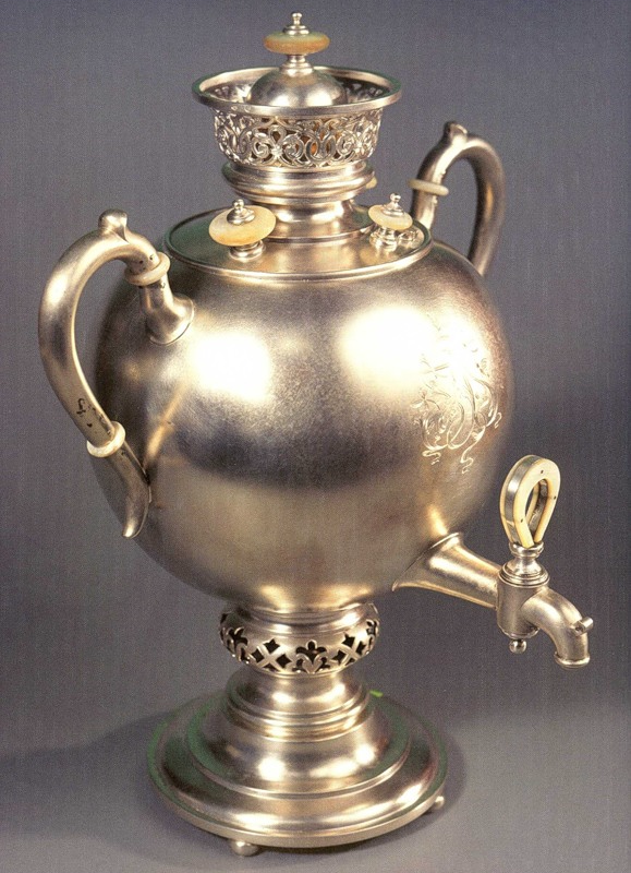 Самовар, 1899–1908 гг., Серебро, золочение, кость, гравировка, резьба