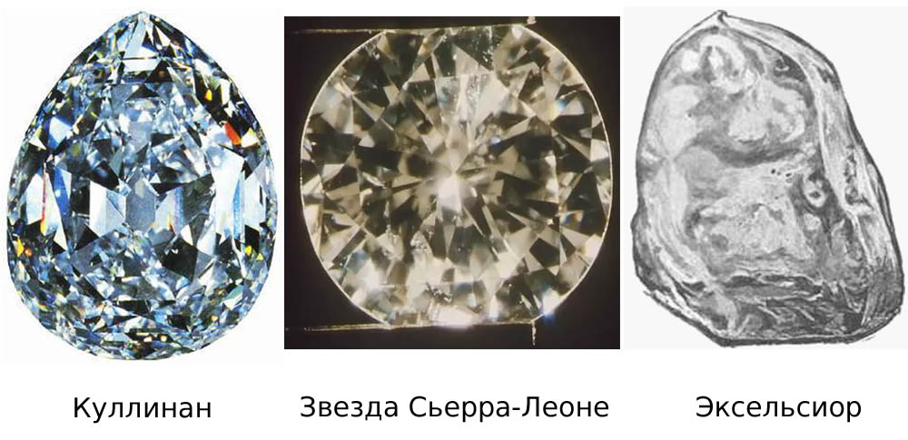 «Куллинан» (3106 карат), «Эксельсиор» (995 карат), «Звезда Сьерра-Леоне» (969 карат)