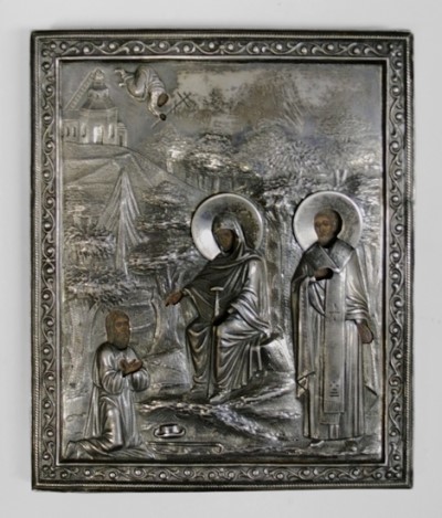 Икона «Богоматерь со святым Николаем и коленопреклонённым священником» ТД «И.Е. Морозовъ», Российская Империя, Санкт-Петербург