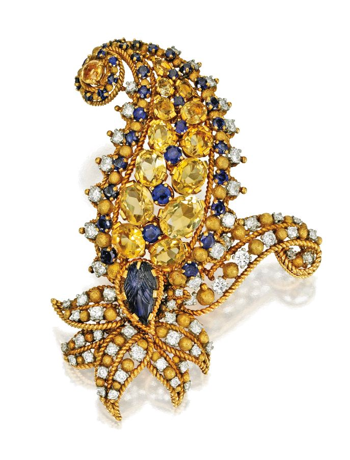 «Узор пейсли» золотая брошь с желтыми и голубыми сапфирами и бриллиантами