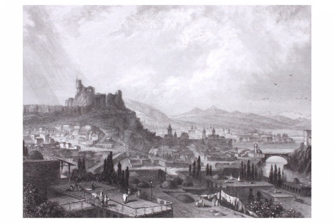 Гравюра. Вид на Тифлис, Тбилиси. Руарг. Франция, 1854 год.