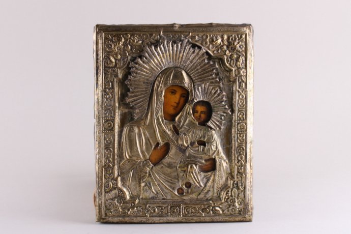 Икона Богородицы Иверская. Латунный оклад. Россия, до 1917 года.