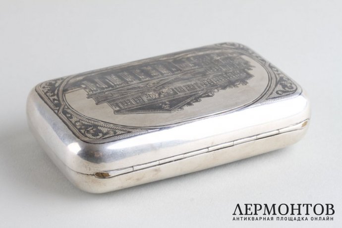 Портсигар с черневым узором. Большой театр. Серебро 84 пр. Российская империя, XIX в.