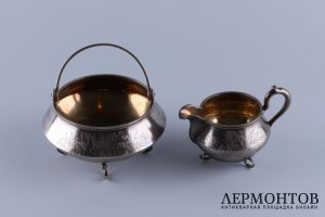 Чайный набор из сахарницы и сливочника. А. Фульд Серебро 84 пробы. Россия, XIX в.