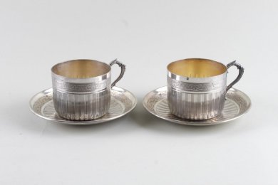 Две чайные пары из серебра 950 пробы. Стиль ампир. Франция, XIX век.