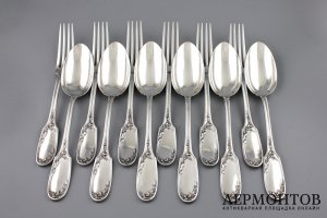 СТОЛОВЫЙ НАБОР НА 6 ПЕРСОН DOUTRE ROUSSEL. СЕРЕБРО 950 ПРОБЫ. ФРАНЦИЯ.