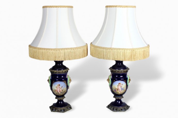 Парные фарфоровые лампы. Кобальтовый фарфор, бронза, живопись. Европа, XIXв.