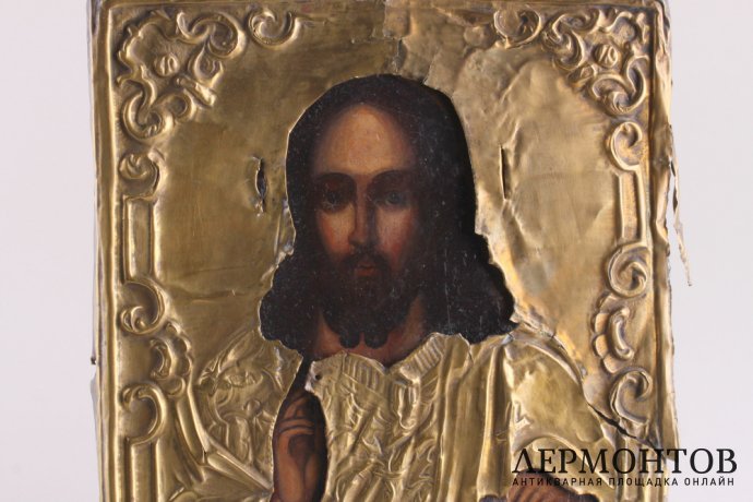 Икона "Господь Вседержитель" в латунном окладе. Россия, до 1917 г.