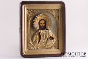 Икона "Господь Вседержитель " в латунном окладе. Россия, до 1917 года.