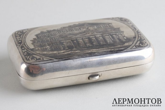 Портсигар с черневым узором. Большой театр. Серебро 84 пр. Российская империя, XIX в.