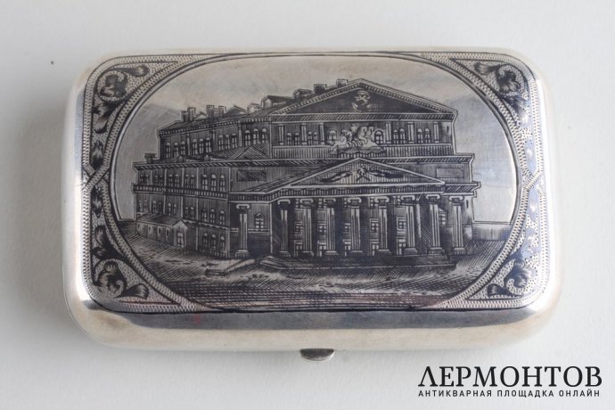 Портсигар с черневым узором. Большой театр. Серебро 84 пр. Российская империя, XIX в.