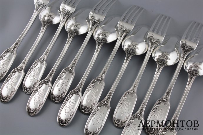 СТОЛОВЫЙ НАБОР НА 6 ПЕРСОН DOUTRE ROUSSEL. СЕРЕБРО 950 ПРОБЫ. ФРАНЦИЯ.