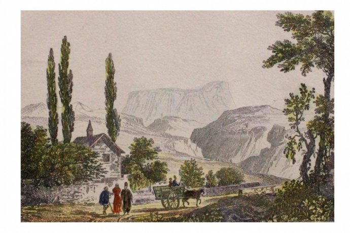 Гравюра с акварельной подкраской. Крым. Гора Чатыр-Даг. 1842 год.