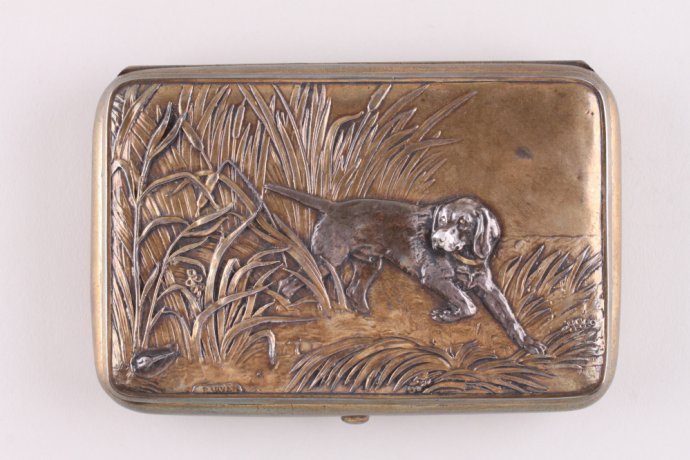 Портсигар. Охота. Веннерстрем. Barye. Серебро 84 пробы, золочение. Россия, 1830-е.