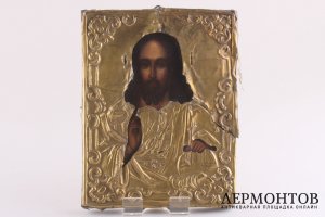 Икона "Господь Вседержитель" в латунном окладе. Россия, до 1917 г.