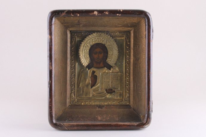 Икона "Господь Вседержитель" в латунном окладе. Россия, до 1917 г.