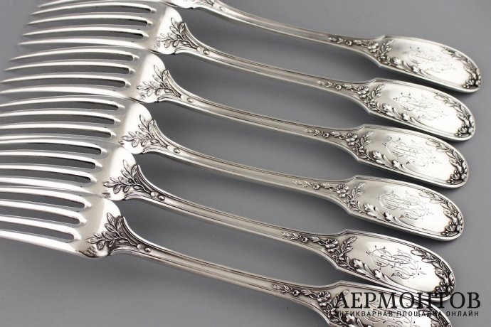 СТОЛОВЫЙ НАБОР НА 6 ПЕРСОН DOUTRE ROUSSEL. СЕРЕБРО 950 ПРОБЫ. ФРАНЦИЯ.