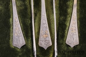 Набор для закусок. Серебро 950 пробы, золочение. Франция, конец XIX века.