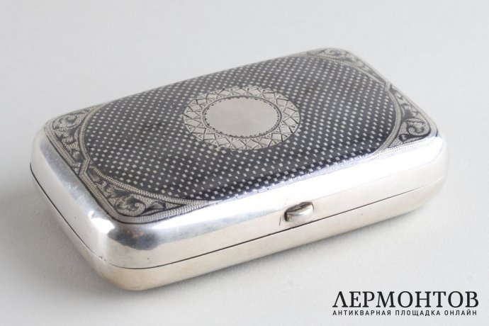 Портсигар с черневым узором. Большой театр. Серебро 84 пр. Российская империя, XIX в.