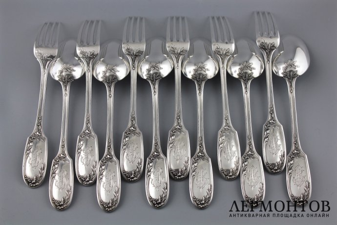 СТОЛОВЫЙ НАБОР НА 6 ПЕРСОН DOUTRE ROUSSEL. СЕРЕБРО 950 ПРОБЫ. ФРАНЦИЯ.