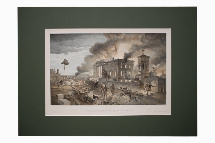 Литография. Пожар в библиотеке Севастополя. Крымская война. Симпсон. Лондон, 1856 г.